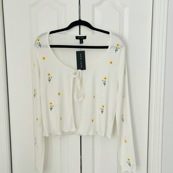 New Look White Sunflower Ribbed Tie Front Cardigan - Picture 3 of 6